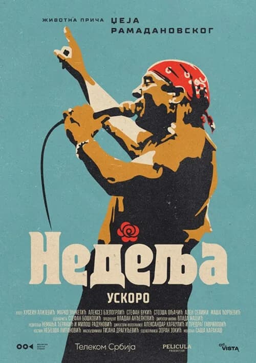 Plakat filma „Nedelja“: ilustrovani pevač s crvenom bandanom peva u mikrofon, podignute ruke, na tirkiznoj pozadini