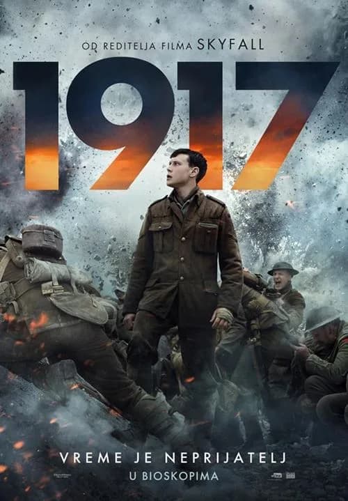 Plakat filma 1917: mladi vojnik u smeđoj uniformi među vojnicima, eksplozije i dim, veliki naslov u narandžastim tonovima