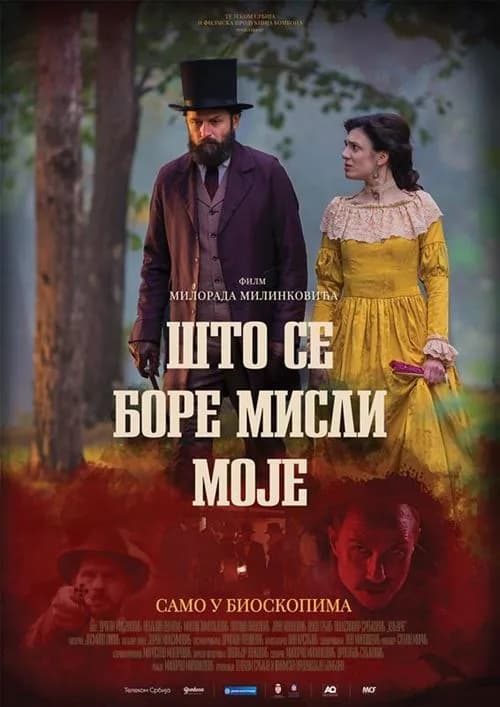 Plakat filma „Što se bore misli moje“: bradat muškarac u cilindru i žena u žutoj haljini šetaju šumom