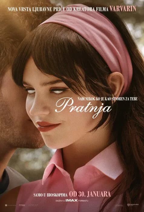 Plakat filma Pratnja: mlada žena s ružičastom trakom u kosi i ružičastom košuljom, pored muškarca u profilu