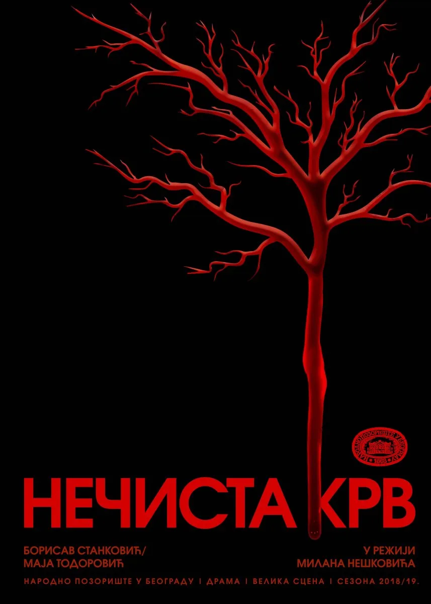 Plakat predstave „Nečista krv“: crveno drvo nalik krvnom sudu na crnoj pozadini