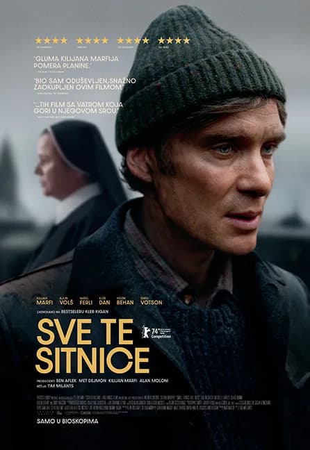 Plakat filma Sve te sitnice: muškarac u zelenoj kapi i tamnom kaputu, iza njega časna sestra
